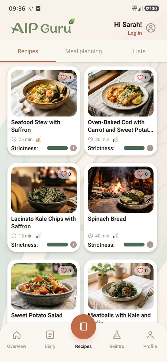 Recipe detail screen showing AIP classification